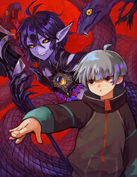  2boys ahoge bad_id bad_pixiv_id black_sclera blue_skin bowl_cut colored_sclera colored_skin grey_hair grin hair_between_eyes hebigami_kou highres jitome long_pointy_ears male_focus monster_boy multiple_boys o_(rcmv4552) orange_eyes pointy_ears purple_hair shadowverse shadowverse_(anime) smile snake sweater yellow_eyes 