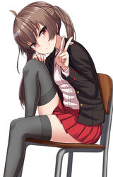  ahoge black_jacket black_thighhighs blazer breasts brown_hair chair closed_mouth commentary_request female head_tilt highres jacket knee_up long_hair long_sleeves looking_at_viewer miniskirt miyako_(yakob_labo) open_clothes open_jacket original pleated_skirt red_eyes red_skirt school_chair school_uniform shirt simple_background sitting skirt small_breasts smile solo thighhighs twintails v white_background white_shirt wing_collar yakob_labo zettai_ryouiki 