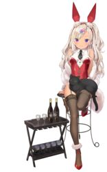  animal animal_ears archerfish_(azur_lane) archerfish_(coquettish_bunny)_(azur_lane) azur_lane bare_shoulders bird black_thighhighs blonde_hair bottle breasts chick closed_mouth cocktail_glass cup drinking_glass fake_animal_ears feather_boa feline female garter_straps hairband highleg highleg_leotard highres kani_biimu leg_up leotard long_hair looking_at_viewer manjuu_(azur_lane) medium_breasts necktie off_shoulder official_alternate_costume official_art one_side_up playboy_bunny purple_eyes rabbit_ears red_footwear red_leotard shoes short_necktie sitting smile solo stool tan tanlines thighhighs thighs transparent_background wavy_hair wing_collar 