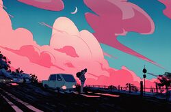  1other brown_hair car cloud cloudy_sky commentary crescent_moon english_commentary evening icamebyunicorn jacket long_hair moon motor_vehicle outdoors road sky solo steven_universe stevonnie_(steven_universe) 