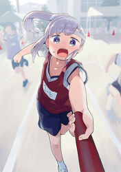  aharen-san_wa_hakarenai aharen_reina blue_eyes blue_shorts blurry blurry_background blush collarbone day depth_of_field female gym_uniform headband highres holding leaning_forward long_hair mizu_asato open_mouth outdoors outstretched_arm ponytail pov relay_baton relay_race running shirt short_sleeves shorts sidelocks solo_focus sunlight sweat track_and_field track_uniform white_shirt 