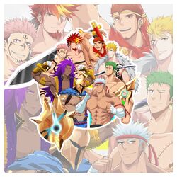  6+boys abs absurdres annotated apachai_hopachai arm_tattoo armor armpits avant_(brave_frontier) bandaged_arm bandages bara bhima_(fate) biceps black_claws black_hair black_skin blonde_hair blue_hair brave_frontier claws color_wheel color_wheel_challenge colored_skin crossover fairy_tail fate/grand_order fate_(series) flexing gauntlets green_hair gyee hairy headband helmet highres holding holding_shield holding_sword holding_weapon jujutsu_kaisen katana kiazu114 kong_(gyee) large_pectorals laxus_dreyar league_of_legends long_hair looking_at_viewer male_focus manly mature_male multicolored_hair multiple_boys multiple_crossover multiple_drawing_challenge muscular muscular_male nipples one_piece orange_hair pantheon_(league_of_legends) pectorals pink_hair red_eyes roronoa_zoro ryoumen_sukuna_(jujutsu_kaisen) scar scar_on_chest scarf shield shijou_saikyou_no_deshi_ken&#039;ichi shoulder_armor simple_background smile smirk spiked_hair staff sword tattoo thick_arms thick_eyebrows topless_male upper_body weapon zoom_layer 