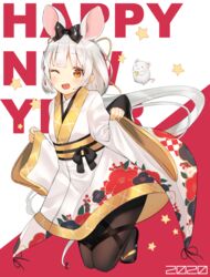  2020 ;d animal animal_ears black_bow black_footwear black_pantyhose bow brown_eyes chinese_zodiac commentary_request female floral_print full_body hairbow happy_new_year highres idemitsu japanese_clothes kimono long_hair long_sleeves looking_at_viewer mouse_(animal) mouse_ears new_year obi one_eye_closed open_mouth original pantyhose pinching_sleeves print_kimono red_background sandals sash sleeves_past_wrists smile solo star_(symbol) two-tone_background white_background white_hair white_kimono wide_sleeves year_of_the_rat zouri 