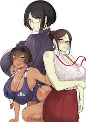  3girls absurdres arm_support arm_under_breasts ass bare_shoulders black_hair blazer blue_one-piece_swimsuit blush breasts brown_hair center_frills cleavage collared_shirt dark-skinned_female dark_skin earrings frills goggles goggles_on_head grace_(puzenketsu) hair_bun highres huge_breasts id_card jacket jewelry long_skirt mature_female mole mole_under_mouth multiple_girls namhorm_(puzenketsu) one-piece_swimsuit one_eye_closed open_mouth original parted_bangs pinstripe_jacket pinstripe_pattern purple_eyes puzenketsu red_skirt shirt short_hair sidelocks simple_background single_hair_bun skirt sleeveless sleeveless_shirt striped sweat swimsuit teacher waan_(puzenketsu) whistle whistle_around_neck white_background 