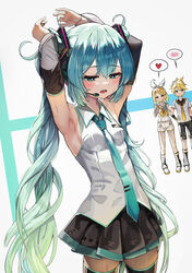  absurdres aqua_eyes aqua_hair aqua_necktie armpits black_sailor_collar black_shorts black_skirt black_sleeves black_thighhighs blonde_hair blush bow breasts bright_pupils commentary cowboy_shot detached_sleeves female gro_(lee145879) hairband hairbow half-closed_eyes hatsune_miku headset heart highres kagamine_len kagamine_len_(vocaloid4) kagamine_rin kagamine_rin_(vocaloid4) long_hair looking_at_another looking_down looking_to_the_side miniskirt neckerchief necktie open_mouth pleated_skirt sailor_collar shirt short_shorts short_sleeves shorts skirt sleeveless sleeveless_shirt small_breasts spoken_blush spoken_heart standing sweat swept_bangs thighhighs v4x very_long_hair vocaloid white_bow white_hairband white_pupils white_sailor_collar white_shirt white_shorts wing_collar yellow_neckerchief zettai_ryouiki 