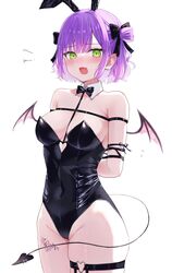  absurdres alternate_costume animal_ears arms_behind_back bad_id bad_pixiv_id bare_shoulders black_leotard blush bow bowtie breasts cleavage demon_girl demon_tail demon_wings detached_collar ear_piercing fake_animal_ears female green_eyes hair_ornament heart_o-ring highres hololive leg_tattoo leotard looking_at_viewer medium_breasts mei_am0 o-ring o-ring_thigh_strap oerba_yun_fang open_mouth piercing playboy_bunny purple_hair rabbit_ears restrained short_hair skin_fang solo strapless strapless_leotard tail tail_ornament tail_piercing tattoo thigh_strap tokoyami_towa virtual_youtuber white_background wings 