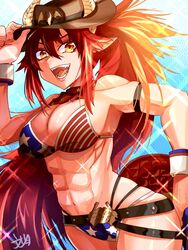  abs american_flag american_flag_bikini american_flag_print belt bikini black_belt blue_bikini breasts brown_hat cowboy cowboy_hat cowboy_shot cowboy_western cowgirl_(western) dragon_girl dragon_horns dragon_tail female flag_print fumizuki_kazuhito hat highres horns large_breasts long_hair looking_at_viewer muscular muscular_female open_mouth pointy_ears print_bikini red_bikini red_hair sharp_teeth sidelocks solo swimsuit tail teeth two-tone_bikini virtual_youtuber vshojo yellow_eyes zentreya zentreya_(cowboy_bikini) zentreya_(dragon) 