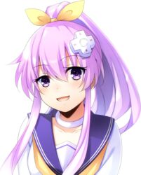  :d blush bow collarbone commentary_request d-pad d-pad_hair_ornament doria_(p_f_dolia) female hair_between_eyes hair_ornament hairbow long_hair looking_at_viewer neckerchief nepgear neptune_(series) open_mouth ponytail purple_eyes purple_hair sailor_collar sidelocks simple_background smile solo upper_body white_background yellow_bow yellow_neckerchief 