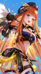  :d arknights bagpipe_(arknights) bagpipe_(queen_no._1)_(arknights) bare_shoulders black_gloves blue_shorts blue_sky breasts checkered_flag cleavage clothing_cutout cloud cowboy_shot crop_top day female fingerless_gloves flag gloves hat highres horns long_hair looking_at_viewer medium_breasts micro_shorts midriff nido_celisius official_alternate_costume open_mouth orange_hair outdoors pouch purple_eyes shorts shoulder_cutout showgirl_skirt sky smile solo standing stomach teeth thigh_strap thighhighs thighs upper_teeth_only very_long_hair 