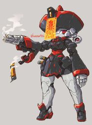  breasts female grey_background helmet highres humanoid_robot jiangshi kuruton486 looking_at_viewer medium_breasts open_hand original red_eyes robot science_fiction shell_casing simple_background smoke twitter_username 