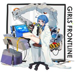  3o_c aged_down ahoge alternate_costume bandaid bandaid_on_knee bandaid_on_leg blue_hair blue_shorts can chair collar collared_shirt commentary computer copyright_name crossed_legs drink drink_can drinking english_text female girls&#039;_frontline glasses hair_between_eyes hair_ornament highres holding k11_(girls&#039;_frontline) k11_(lil&#039;_scientist)_(girls&#039;_frontline) lab_coat long_hair long_sleeves looking_at_viewer mechanical_arms messy_hair office_chair official_alternate_costume pink_eyes shirt shorts side_ponytail simple_background sitting soda soda_can solo swivel_chair white_background wire 