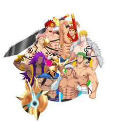  6+boys abs apachai_hopachai arm_tattoo armor armpits avant_(brave_frontier) bandaged_arm bandages bara bhima_(fate) biceps black_claws black_hair black_skin blonde_hair blue_hair brave_frontier claws color_wheel color_wheel_challenge colored_skin crossover fairy_tail fate/grand_order fate_(series) flexing gauntlets green_hair gyee hairy headband helmet highres holding holding_shield holding_sword holding_weapon jujutsu_kaisen katana kiazu114 kong_(gyee) large_pectorals laxus_dreyar league_of_legends long_hair looking_at_viewer male_focus manly mature_male multicolored_hair multiple_boys multiple_crossover multiple_drawing_challenge muscular muscular_male nipples one_piece orange_hair pantheon_(league_of_legends) pectorals pink_hair red_eyes roronoa_zoro ryoumen_sukuna_(jujutsu_kaisen) scar scar_on_chest scarf shield shijou_saikyou_no_deshi_ken&#039;ichi shoulder_armor simple_background smile smirk spiked_hair staff sword tattoo thick_arms thick_eyebrows topless_male upper_body weapon 