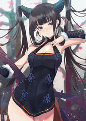  bare_shoulders black_dress black_hair blue_eyes blunt_bangs blush breasts china_dress chinese_clothes cleavage closed_mouth detached_sleeves dress fate/grand_order fate_(series) female hair_ornament karen_ngao long_hair looking_at_viewer medium_breasts pipa_(instrument) short_dress sidelocks smile solo thighs twintails very_long_hair yang_guifei_(fate) yang_guifei_(second_ascension)_(fate) 