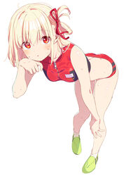  absurdres blonde_hair blush breasts buruma crop_top female full_body goshichi_shoji hair_ribbon highres leaning_forward looking_at_viewer lycoris_recoil medium_breasts nishikigi_chisato official_alternate_costume red_eyes red_ribbon ribbon short_hair simple_background socks solo sports_bikini sports_bra sportswear sweat thighs track_and_field two-tone_sports_bra white_background white_socks 