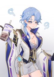  armor between_breasts black_gloves blue_eyes blue_hair breasts bubble_tea cleavage cup disposable_cup female genderswap_(mtf) genshin_impact gloves gradient_background grey_background highres holding holding_cup japanese_armor japanese_clothes kamisato_ayato large_breasts looking_at_viewer mole mole_under_mouth parted_lips pencil_skirt powu555 ribbon-trimmed_sleeves ribbon_trim rule_63 simple_background skirt solo tassel twitter_username vision_(genshin_impact) wet wide_sleeves 