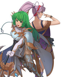  2girls armor asagi_(banzoku210) blue_eyes breastplate cape dress elbow_gloves erinys_(fire_emblem) fire_emblem fire_emblem:_genealogy_of_the_holy_war gloves green_eyes green_hair hair_ribbon highres holding holding_weapon jewelry long_hair looking_back multiple_girls polearm ponytail purple_hair ribbon shoulder_armor simple_background spear tailtiu_(fire_emblem) weapon white_armor white_background 