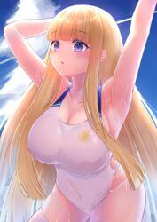  absurdres armpits azur_lane blonde_hair blush breasts cleavage competition_swimsuit female hands_up highleg highleg_swimsuit highres icarus_(azur_lane) icarus_(nereid&#039;s_discovery)_(azur_lane) impossible_clothes impossible_swimsuit large_breasts long_hair miki_miki official_alternate_costume one-piece_swimsuit purple_eyes royal_navy_emblem_(azur_lane) skindentation solo swimsuit thighhighs very_long_hair white_one-piece_swimsuit white_thighhighs 