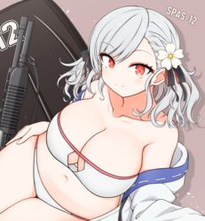  absurdres bare_shoulders bikini breasts collarbone curvy female girls&#039;_frontline grey_hair gun highres jacket large_breasts navel office official_alternate_costume open_clothes open_jacket plump pump_action red_eyes risshu shield shotgun solo spas-12 spas-12_(girls&#039;_frontline) spas-12_(midsummer_fruit)_(girls&#039;_frontline) swimsuit weapon 