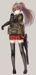  ahoge black_thighhighs brown_hair brown_jacket commentary_request female full_body gloves grey_gloves gun highres jacket knee_pads loafers long_hair looking_away miniskirt miyako_(yakob_labo) original pleated_skirt ponytail pouch red_eyes red_skirt rifle scope shoes single_knee_pad skirt sniper_rifle solo standing strap stretching thighhighs vss_vintorez weapon yakob_labo zettai_ryouiki 