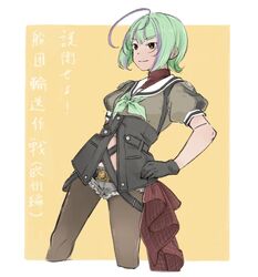  ahoge black_gloves black_pantyhose blunt_bangs brown_eyes cropped_legs denim denim_shorts female gloves green_hair green_neckwear hand_on_own_hip kantai_collection kokko_(014kko) multicolored_hair pantyhose purple_hair sailor_collar short_hair short_shorts short_sleeves shorts simple_background smile solo streaked_hair take_(kancolle) translation_request two-tone_background 