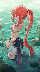  absurdres alternate_hairstyle aqua_eyes arm_up armlet back back_bow back_tattoo bare_arms bare_back bare_shoulders blue_bow blue_skirt blush bow bracelet breasts circlet closed_mouth commentary crop_top earclip expressionless female flower from_side genshin_impact half-closed_eyes hand_in_own_hair harem_outfit highres holding holding_own_hair jewelry lily_pad long_hair looking_down md5_mismatch medium_breasts midriff nilou_(genshin_impact) no_detached_sleeves no_headgear no_headwear no_horns outdoors parted_bangs ponytail profile red_hair resolution_mismatch rhtkd sidelocks skirt skirt_hold solo source_smaller standing tattoo thighs very_long_hair vision_(genshin_impact) wading water white_flower 