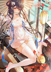  absurdres azur_lane black_hair breasts chinese_clothes cleavage cleavage_cutout clothing_cutout dress falling_petals feet female full_body hanfu high_heels highres holding holding_umbrella large_breasts legs long_hair manjuu_(azur_lane) no_shoes official_alternate_costume petals qixiong_ruqun red_eyes ruqun sitting thighhighs thighs toes umbrella very_long_hair white_dress white_footwear white_thighhighs xiongshouji yat_sen_(azur_lane) yat_sen_(paragon_of_celestial_grace)_(azur_lane) zettai_ryouiki 