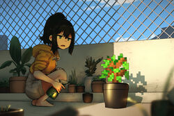  barefoot blue_eyes blue_sky bottle female fence flower_pot grimace high_ponytail highres hoplitx medium_hair minecraft orange_sweater original outdoors pixelated plant plant_request ponytail shorts sky solo spray_bottle squatting sweatdrop sweater 