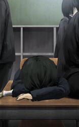  4boys black_hair black_jacket black_shorts bullying chair classroom commentary_request desk flower head_down highres indoors jacket male_focus memorial_on_desk multiple_boys nekonekosan_(kemushima3) original school_chair school_desk school_uniform short_hair shorts sleeping solo_focus spill vase water white_flower yellow_flower 