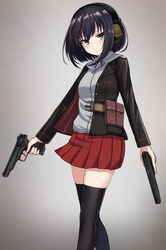  black_hair black_jacket black_thighhighs commentary_request dual_wielding female gradient_background green_eyes gun handgun headphones highres holding holding_gun holding_weapon hood hoodie izumi_(yakob_labo) jacket looking_at_viewer miniskirt open_clothes open_jacket original pleated_skirt pouch red_skirt short_hair skirt solo standing stechkin_aps thighhighs weapon yakob_labo zettai_ryouiki 