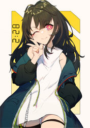  aged_down arm_up bare_shoulders black_hair blush c-ms_(girls&#039;_frontline) closed_mouth collar collared_dress commentary_request dress female girls&#039;_frontline highres jacket long_hair long_sleeves looking_at_viewer messy_hair mole mole_under_eye off_shoulder one_eye_closed open_clothes photoshop_(medium) pocket red_eyes simple_background single_thighhigh smile solo thigh_strap thighhighs upper_body v white_dress yoni_(zhang) 