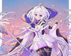  absurdres ahoge black_gloves black_pants breasts fate/grand_order fate/grand_order_arcade fate/prototype fate_(series) female fingerless_gloves gloves highres holding holding_staff laon long_hair long_sleeves looking_at_viewer medium_breasts merlin_(fate/prototype) merlin_(fate/prototype)_(third_ascension) pants purple_eyes robe smile solo staff thighs very_long_hair white_hair white_robe wide_sleeves 