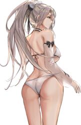  absurdres ass azur_lane bare_shoulders bikini breasts cowboy_shot detached_sleeves drake_(azur_lane) drake_(the_golden_hind&#039;s_respite)_(azur_lane) female from_behind grey_hair hair_ornament highres large_breasts liaowen long_hair long_sleeves official_alternate_costume parted_lips ponytail simple_background solo standing swimsuit thighs underboob white_background white_bikini 