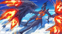  2022 alanscampos anthro blue_eyes breasts capcom claws digital_media_(artwork) elder_dragon female fire flying hi_res monster_hunter nude open_mouth pupils scales sharp_teeth sky slit_pupils solo tail teeth valstrax wings 