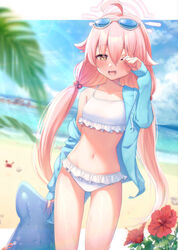  ahoge animal_ears beach bikini blue_archive blurry blurry_background blush breasts brown_eyes collarbone day depth_of_field eyewear_on_head fal_(fal-se-0) female flower frilled_bikini frills hair_between_eyes hibiscus highres horizon hoshino_(blue_archive) hoshino_(swimsuit)_(blue_archive) jacket long_hair low_twintails navel ocean one_eye_closed open_clothes open_mouth outdoors palm_leaf palm_tree pink_hair red_flower sand sky smile solo standing starfish sunglasses swimsuit tree twintails very_long_hair virtual_youtuber water white_bikini yellow_eyes 