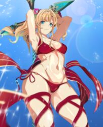  absurdres bikini blonde_hair blue_eyes braid breasts cleavage female granblue_fantasy hair_intakes hair_ornament hairband highres kappa_(moonsidekanade) large_breasts long_hair looking_at_viewer navel official_alternate_costume smile solo swimsuit twintails water weapon zeta_(granblue_fantasy) zeta_(summer)_(granblue_fantasy) 