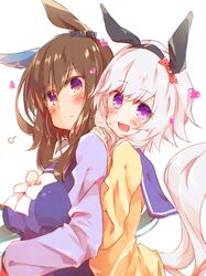  2girls :d admire_vega_(umamusume) animal_ears black_hairband blue_sailor_collar blush bow breasts closed_mouth commentary_request curren_chan_(umamusume) ear_bow hair_between_eyes hairband hand_on_another&#039;s_shoulder heart horse_ears horse_girl horse_tail hug hug_from_behind medium_breasts multiple_girls purple_eyes purple_shirt red_bow rinrin_(927413) sailor_collar school_uniform shirt simple_background smile tail tracen_school_uniform umamusume upper_body white_background white_bow white_hair yellow_shirt 