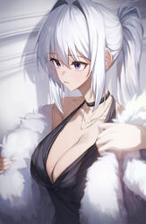  absurdres bare_shoulders black_choker black_dress blue_eyes blurry blurry_foreground breasts choker cleavage cleavage_cutout clothing_cutout coat collarbone depressed depth_of_field dress female fur-trimmed_coat fur_trim hair_intakes highres holding holding_clothes holding_coat huhi_(huhi_1211) indoors ine_(vtuber) jewelry large_breasts light_frown long_hair looking_away multicolored_eyes necklace ponytail shadow sidelocks solo standing upper_body virtual_youtuber waktaverse wall white_background white_hair 