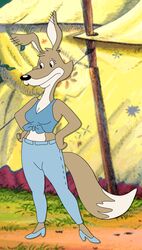  anthro blinky_bill_(series) breasts canid canine canis clothed clothing daisy_dingo digital_media_(artwork) dingo dipstick_tail dragonboy618 female footwear hands_on_hips hi_res high_heels mammal markings multicolored_tail plantigrade shirt shoes simple_background smile solo tail tail_markings tied_shirt topwear 