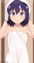  absurdres bad_id bad_pixiv_id bare_shoulders blush collarbone female gabriel_dropout hands_up highres looking_at_viewer naked_towel open_mouth poa_mellhen purple_eyes purple_hair short_hair solo towel towel_on_head twitter_username upper_body vignette_tsukinose_april 