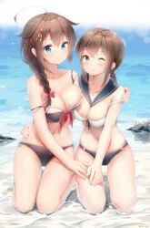  2girls absurdres ahoge bare_arms bare_shoulders beach bikini blue_eyes braid breasts brown_eyes cleavage collarbone day front-tie_bikini_top front-tie_top fubuki_(kancolle) hair_flaps hair_ornament hair_over_shoulder haruka_poi highres kantai_collection kneeling long_hair looking_at_viewer low_ponytail medium_breasts multiple_girls navel one_eye_closed sailor_bikini sailor_collar shigure_(kancolle) shigure_kai_ni_(kancolle) side-tie_bikini_bottom single_braid smile stomach strap_slip string_bikini swimsuit thighs water wet white_bikini 