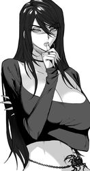  1girls arm_under_breasts big_breasts biting_finger black_and_white black_hair breasts cleavage clothed clothes clothing ennuigrl erato_(ennuigrl) female female_only fit fit_female huge_breasts human human_only humanoid large_breasts long_hair looking_away monochrome narrowed_eyes scorpion slit_pupils solo solo_female solo_focus upper_body very_high_resolution voluptuous white_background 