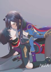  1boy all_fours arm_support artist_name black_bodysuit black_bow black_gloves black_hair black_kimono black_pantyhose black_sleeves blue_eyes blue_leotard blue_sleeves blunt_ends bodysuit bow breasts cape cleavage clenched_hand closed_mouth cowgirl_position detached_sleeves earrings elbow_gloves expressionless eye_contact eyelashes eyeliner eyeshadow face-to-face female fur_collar furisode genshin_impact gloves gold gold_trim grey_background grey_eyes hairbow highleg highres japanese_clothes jewelry kimono leotard long_hair looking_at_another makeup mona_(genshin_impact) neck_ring o-ring open_hand pantyhose parted_bangs ponytail_holder purple_bag purple_cape purple_sash purple_sleeves red_cape red_eyeliner red_eyeshadow red_sash remind_lam22 sash scaramouche_(genshin_impact) short_sleeves sidelocks sideways_mouth small_breasts smile star_(symbol) star_earrings straight tsurime twintails two-sided_cape two-sided_fabric two-tone_sleeves yukadon 