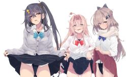  3girls ahoge alakoala aqua_bow aqua_bowtie black_hair black_one-piece_swimsuit black_skirt blue_bow blue_bowtie bow bowtie cardigan clothes_lift collared_shirt cowboy_shot dress_shirt drum_(kancolle) grey_cardigan grey_hair hair_ornament highleg highleg_one-piece_swimsuit kantai_collection long_hair multiple_girls one-piece_swimsuit one_side_up pink_hair pleated_skirt red_bow red_bowtie red_skirt scamp_(kancolle) scarf shirt simple_background skirt skirt_lift star_(symbol) star_hair_ornament swimsuit swimsuit_under_clothes wahoo_(kancolle) white_background white_scarf white_shirt 