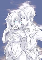  1boy behind_another blue_eyes blunt_bangs blunt_ends bow breasts cape cleavage closed_mouth curled_fingers detached_sleeves female fur_collar genshin_impact grabbing_from_behind greyscale hair_between_eyes hairbow hand_on_another&#039;s_face hand_on_hand hands_up highleg highleg_leotard highres japanese_clothes jewelry kimono leotard long_hair looking_at_another medium_breasts mona_(genshin_impact) monochrome neck_ring o-ring open_clothes open_kimono ponytail_holder purple_eyes remind_lam22 rope scaramouche_(genshin_impact) shimenawa sidelocks smile spot_color star_(symbol) star_pendant star_print straight twintails 