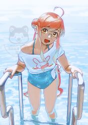  absurdres ahoge animal_print aqua_one-piece_swimsuit casual_one-piece_swimsuit double_bun feet_out_of_frame female glasses hair_bun highres holding kantai_collection long_hair looking_at_viewer makigumo_(kancolle) makigumo_(swimsuit)_(kancolle) ojipon one-piece_swimsuit open_mouth pink_hair pool_ladder rabbit_print shirt smile solo swimsuit swimsuit_under_clothes tied_shirt twintails wading water watermark yellow_eyes 