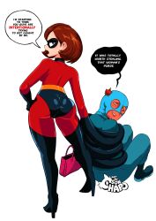  1boy artist_name ass back bag balaclava bodysuit brown_eyes brown_hair curvy domino_mask elastigirl female hand_on_own_hip handbag high_heels highres looking_back mask red_hair robbery sitting smile sonchapo speech_bubble standing stretched_limb superhero_costume the_incredibles torn_mask white_background 