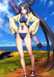  ass_visible_through_thighs bare_legs between_breasts bikini black_hair black_sandals blue_bikini blue_eyes breasts closed_mouth collarbone cropped_jacket curtained_hair eyeshadow fate/grand_order fate_(series) female foot_out_of_frame groin hair_tie hands_on_own_hips high_side_ponytail highleg highleg_bikini hood hooded_jacket jacket long_hair long_sidelocks looking_at_viewer makeup medium_breasts navel no_socks official_art platform_sandals red_eyeshadow sakamoto_mineji sandals sidelocks single_strap sleeves_past_wrists smile solo standing swimsuit third-party_source toes ushiwakamaru_(fate) ushiwakamaru_(swimsuit_assassin)_(fate) ushiwakamaru_(swimsuit_assassin)_(first_ascension)_(fate) variant_set very_long_hair weapon_bag yellow_jacket 