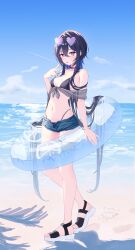  absurdres beach bikini black_bikini black_choker black_hair blue_hair breasts choker eyewear_on_head female hair_between_eyes highres ichinose_uruha innertube long_hair medium_breasts meercat_dayo multicolored_hair purple_eyes sandals short_shorts shorts sky solo streaked_hair sunglasses swim_ring swimsuit swimsuit_under_clothes tongue tongue_out very_long_hair virtual_youtuber vspo! 