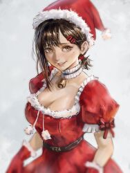  absurdres bell belt bow bowtie breasts brown_eyes brown_hair chainsaw_man cleavage collar dress english_commentary female frilled_collar frilled_sleeves frills fur-trimmed_dress fur-trimmed_gloves fur_trim gloves hair_ornament hairclip hat higashiyama_kobeni highres idaero_ace mole mole_on_cheek mole_under_eye mole_under_mouth multiple_hair_clips multiple_moles neck_bell ponytail ponytail_holder red_dress red_gloves santa_hat short_ponytail simple_background solo white_background 