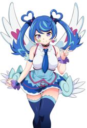  absurdres blue_angel_(yu-gi-oh!) blue_hair blue_necktie blue_skirt blue_thighhighs breasts clover_facial_mark collared_shirt earrings female heart heart_earrings highres jewelry large_breasts looking_at_viewer multicolored_hair necktie pon_tanuki_(ga7fsrge9jxblaw) purple_eyes shirt skirt sleeveless sleeveless_shirt smile solo standing streaked_hair thighhighs transparent_background twintails white_shirt wings yu-gi-oh! yu-gi-oh!_vrains zaizen_aoi 